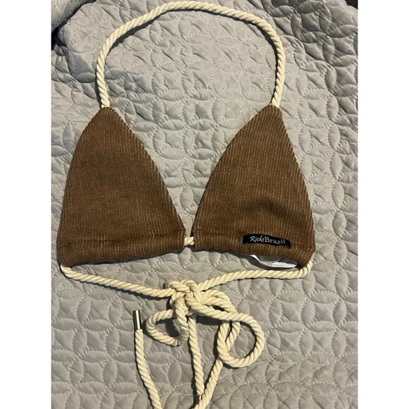 Ricki Brazil Bamboo Rope Tie Bikini Top Brown S Sexy Club Wear Resort Knit Party - Picture 2 of 10
